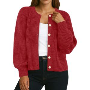 imageGRECERELLE Womens Chunky Open Front Sweater Long Sleeve Button Knit Short Loose Cardigan Outerwear S2XLRed