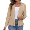 imageGRECERELLE Women Lightweight Casual Long Sleeves Cropped Cardigan Open Front Peplum Knit Sweater OutwearKhaki