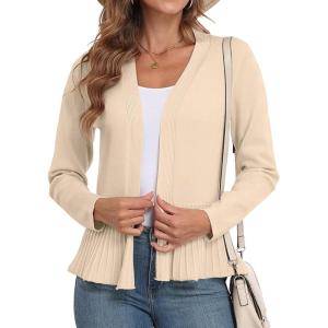 imageGRECERELLE Women Lightweight Casual Long Sleeves Cropped Cardigan Open Front Peplum Knit Sweater OutwearApricot