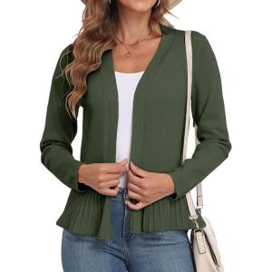 imageGRECERELLE Women Lightweight Casual Long Sleeves Cropped Cardigan Open Front Peplum Knit Sweater OutwearArmy Green