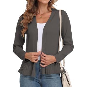 imageGRECERELLE Women Lightweight Casual Long Sleeves Cropped Cardigan Open Front Peplum Knit Sweater OutwearDark Gray