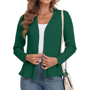 imageGRECERELLE Women Lightweight Casual Long Sleeves Cropped Cardigan Open Front Peplum Knit Sweater OutwearDark Green