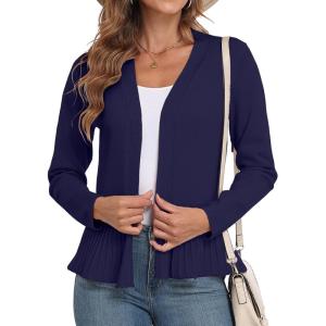 imageGRECERELLE Women Lightweight Casual Long Sleeves Cropped Cardigan Open Front Peplum Knit Sweater OutwearNavy Blue