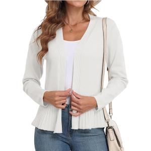 imageGRECERELLE Women Lightweight Casual Long Sleeves Cropped Cardigan Open Front Peplum Knit Sweater OutwearWhite