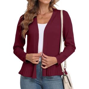 imageGRECERELLE Women Lightweight Casual Long Sleeves Cropped Cardigan Open Front Peplum Knit Sweater OutwearWine Red