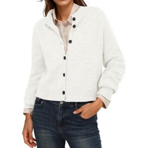 imageGRECERELLE Womens Cardigan Sweater Open Front Long Sleeve Crew Neck Button Down Knit Casual Jacket S2XLWhite