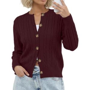 imageGRECERELLE Womens Long Sleeve Cable Knit Button Down Crew Neck Casual Cardigan Sweater S2XLWine Red