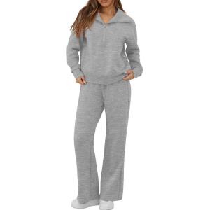 imageGRECERELLE Lounge Sets For Women 2025 Casual Lapel Half Zip Sweatshirt And Wide Leg Sweatpant 2 Piece Outfits Tracksuit SetsDark Grey