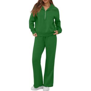 imageGRECERELLE Lounge Sets For Women 2025 Casual Lapel Half Zip Sweatshirt And Wide Leg Sweatpant 2 Piece Outfits Tracksuit SetsGreen
