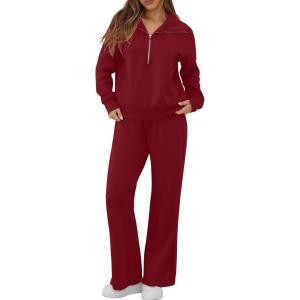 imageGRECERELLE Lounge Sets For Women 2025 Casual Lapel Half Zip Sweatshirt And Wide Leg Sweatpant 2 Piece Outfits Tracksuit SetsWine Red