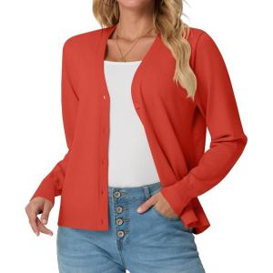 imageGRECERELLE Womens Lightweight Open Front Long Sleeve Cardigan Casual Button Down VNeck Sweater S2XLCoral Red
