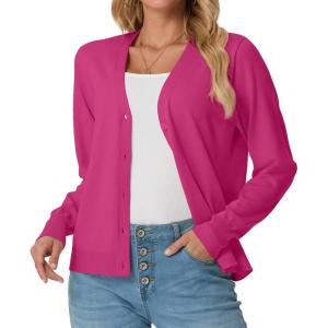 imageGRECERELLE Womens Lightweight Open Front Long Sleeve Cardigan Casual Button Down VNeck Sweater S2XLHot Pink