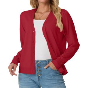 imageGRECERELLE Womens Lightweight Open Front Long Sleeve Cardigan Casual Button Down VNeck Sweater S2XLRed