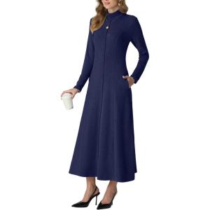 imageGRECERELLE Womens Spring Fall Casual Mock Neck Long Sleeve Flared Maxi Sweater Dress with Pockets XS  3XLDark Royal Blue