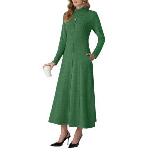 imageGRECERELLE Womens Spring Fall Casual Mock Neck Long Sleeve Flared Maxi Sweater Dress with Pockets XS  3XLGreen
