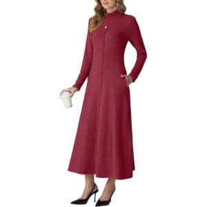 imageGRECERELLE Womens Spring Fall Casual Mock Neck Long Sleeve Flared Maxi Sweater Dress with Pockets XS  3XLRed