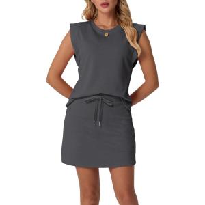 imageGRECERELLE Womens Summer 2 Piece Skort Set Cap Sleeve Round Neck Top ampamp Tennis Skirt with Pockets for Athletic ampamp CasualDark Gray