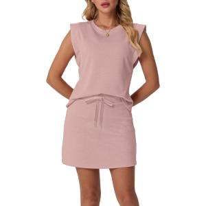 imageGRECERELLE Womens Summer 2 Piece Skort Set Cap Sleeve Round Neck Top ampamp Tennis Skirt with Pockets for Athletic ampamp CasualRose Pink