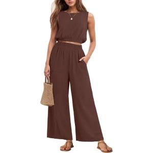 imageGRECERELLE Two Piece Sets for Women Sleeveless Crop Top Wide Leg Pants Sweat Set for Women Tracksuits 2025 SummerCoffee
