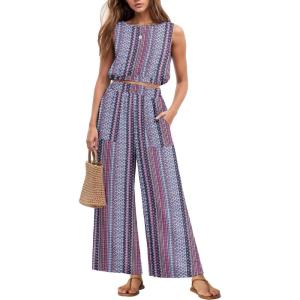 imageGRECERELLE Two Piece Sets for Women Sleeveless Crop Top Wide Leg Pants Sweat Set for Women Tracksuits 2025 SummerFprhomboid