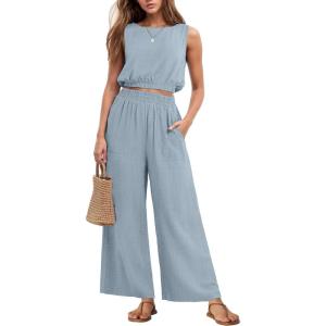 imageGRECERELLE Two Piece Sets for Women Sleeveless Crop Top Wide Leg Pants Sweat Set for Women Tracksuits 2025 SummerHaze Blue