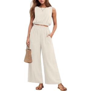 imageGRECERELLE Two Piece Sets for Women Sleeveless Crop Top Wide Leg Pants Sweat Set for Women Tracksuits 2025 SummerIvory White