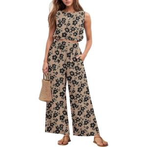 imageGRECERELLE Two Piece Sets for Women Sleeveless Crop Top Wide Leg Pants Sweat Set for Women Tracksuits 2025 SummerKhaki Black Flower