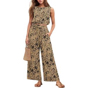 imageGRECERELLE Two Piece Sets for Women Sleeveless Crop Top Wide Leg Pants Sweat Set for Women Tracksuits 2025 SummerTs Light Khaki