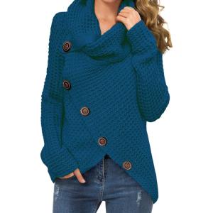 imageGRECERELLE Womens Fall Chunky Turtleneck Long Sleeve Asymmetric Hem Loose Knit Pullover Sweaters Tops S2XL15 Blue