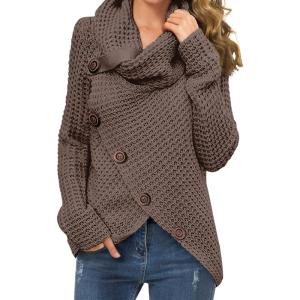 imageGRECERELLE Womens Fall Chunky Turtleneck Long Sleeve Asymmetric Hem Loose Knit Pullover Sweaters Tops S2XLCoffee