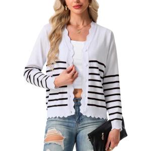 imageGRECERELLE Womens Long Sleeve VNeck Button Down Cardigan Knit Shrugs SweaterStriped White Black