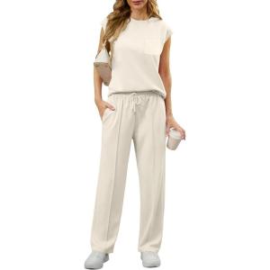 imageGRECERELLE 2 Piece Sets For Women Summer 2025 Outfits Lounge Sets Sleeveless Sweatsuits Wide Leg Tracksuits With PocketsApricot