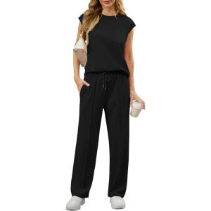 imageGRECERELLE 2 Piece Sets For Women Summer 2025 Outfits Lounge Sets Sleeveless Sweatsuits Wide Leg Tracksuits With PocketsBlack