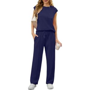 imageGRECERELLE 2 Piece Sets For Women Summer 2025 Outfits Lounge Sets Sleeveless Sweatsuits Wide Leg Tracksuits With PocketsDark Blue