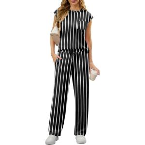 imageGRECERELLE 2 Piece Sets For Women Summer 2025 Outfits Lounge Sets Sleeveless Sweatsuits Wide Leg Tracksuits With PocketsFpblack White Stripe