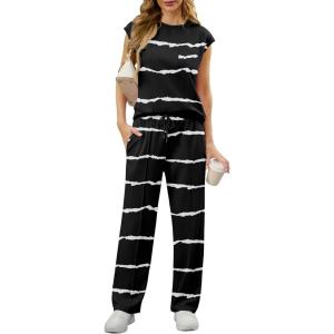 imageGRECERELLE 2 Piece Sets For Women Summer 2025 Outfits Lounge Sets Sleeveless Sweatsuits Wide Leg Tracksuits With PocketsFpblack White Wave