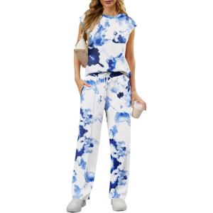 imageGRECERELLE 2 Piece Sets For Women Summer 2025 Outfits Lounge Sets Sleeveless Sweatsuits Wide Leg Tracksuits With PocketsFpwhite Ink Blue