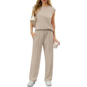 imageGRECERELLE 2 Piece Sets For Women Summer 2025 Outfits Lounge Sets Sleeveless Sweatsuits Wide Leg Tracksuits With PocketsLight Tan