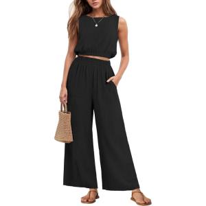 imageGRECERELLE Two Piece Sets for Women Sleeveless Crop Top Wide Leg Pants Sweat Set for Women Tracksuits 2026 SummerBlack