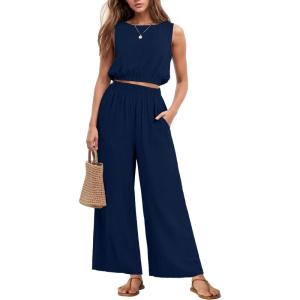 imageGRECERELLE Two Piece Sets for Women Sleeveless Crop Top Wide Leg Pants Sweat Set for Women Tracksuits 2026 SummerDark Blue