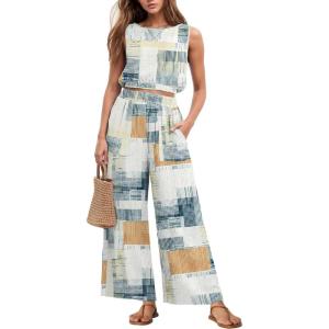 imageGRECERELLE Two Piece Sets for Women Sleeveless Crop Top Wide Leg Pants Sweat Set for Women Tracksuits 2026 SummerFpbeige Gray Geometry