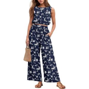 imageGRECERELLE Two Piece Sets for Women Sleeveless Crop Top Wide Leg Pants Sweat Set for Women Tracksuits 2026 SummerFpblue Small Flower