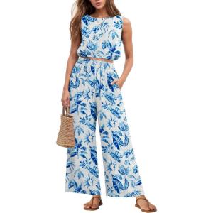 imageGRECERELLE Two Piece Sets for Women Sleeveless Crop Top Wide Leg Pants Sweat Set for Women Tracksuits 2026 SummerFpwhite Banana Leaf