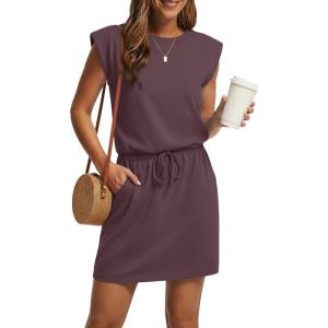 image:imageGRECERELLE 2026 Womens Summer Dresses Round Neck Sleeveless Tie Waist Casual Mini Sundresses with PocketsRosewood