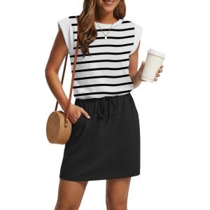 image:imageGRECERELLE 2026 Womens Summer Dresses Round Neck Sleeveless Tie Waist Casual Mini Sundresses with PocketsWhite Black Stripe