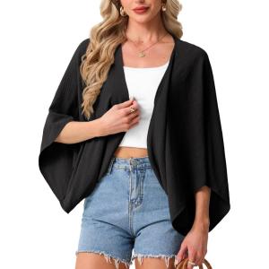image:imageGRECERELLE Womens Summer Lightweight Cardigan Open Front Casual Loose Cropped Kimono Cover UpsBlack