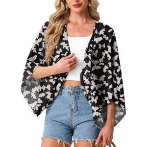 image:imageGRECERELLE Womens Summer Lightweight Cardigan Open Front Casual Loose Cropped Kimono Cover UpsBlack Butterfly