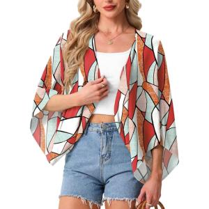 image:imageGRECERELLE Womens Summer Lightweight Cardigan Open Front Casual Loose Cropped Kimono Cover UpsColorful Geometry
