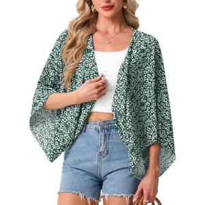 image:imageGRECERELLE Womens Summer Lightweight Cardigan Open Front Casual Loose Cropped Kimono Cover UpsGreen White Flower