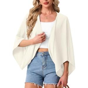 image:imageGRECERELLE Womens Summer Lightweight Cardigan Open Front Casual Loose Cropped Kimono Cover UpsIvory White